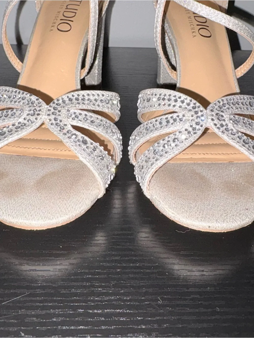 Studio Badgley Mischka Silver Rhinestone Block Heel Sandals Ankle Strap